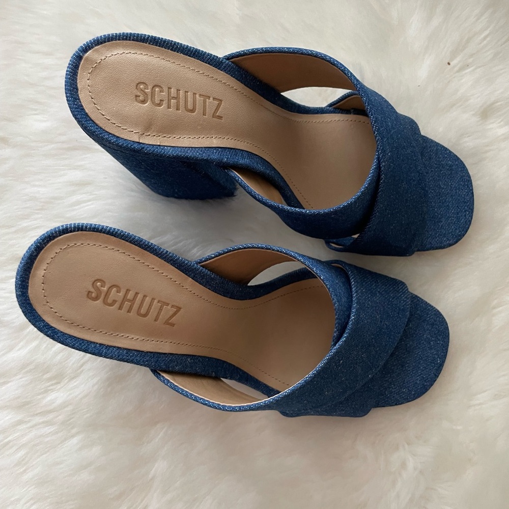 New! SCHUTZ Blue Denim Block Heel Mules - Picture 3 of 6